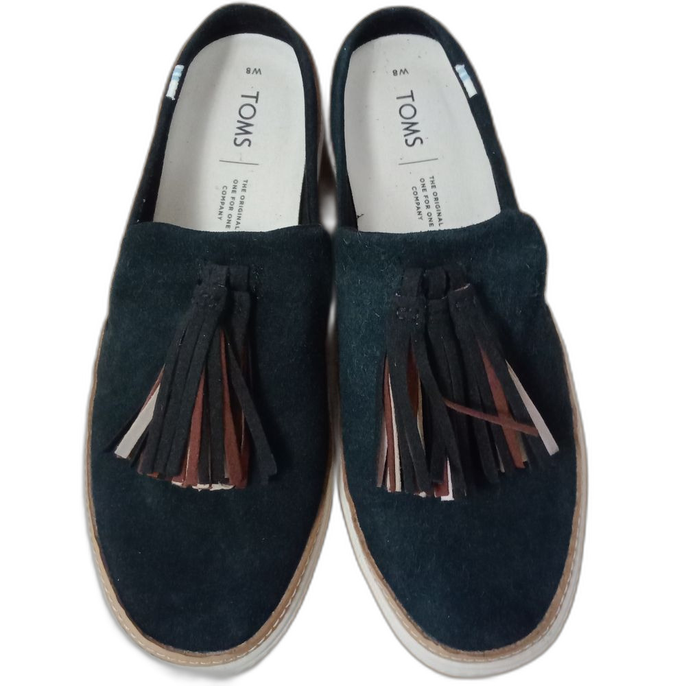TOMS Women's Sunrise Black Suede Slip On Tassel Sneakers Preppy Retro Size 8